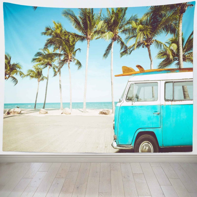 BELECO 9x6ft Fabric Tropical Beach Backdrop Vintage Blue Bus Surfboard Holiday Travel Camping Background Summer Hawaii Surfing Phtography Backdrop Luau Party Decoration Birthday Banner Photoshoot - Image 3